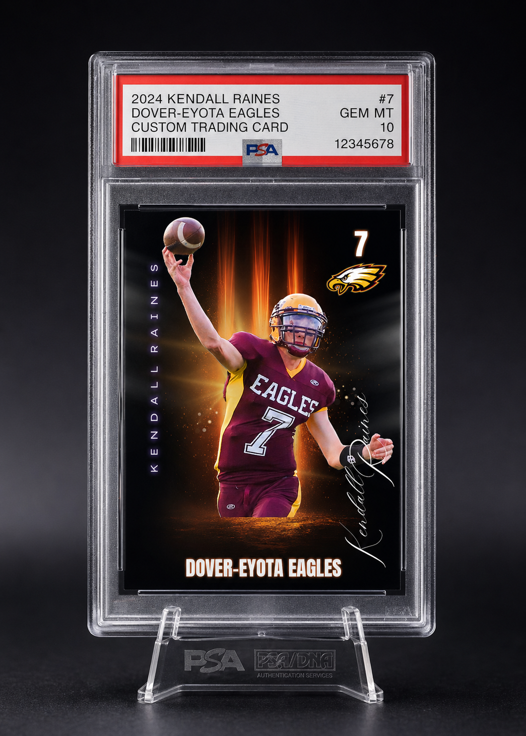PSA Gem MT 10 slabbed custom football card of Kendall Raines, Dover-Eyota Eagles